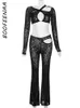 Women's Suits Blazers BOOFEENAA Mesh 2 Piece Set Irregular Cut Out Long Sleeve Crop Top Flare Pants See Through Black Fall Outfits for Women C83-CI25 230824