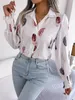 Blusas femininas camisa casual pena impressão gola manga longa camisa branco rosa azul 230824