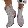 Botas pontiagudas botas curtas mulheres champanhe prata bezerro largo bordado lantejoulas quente bloco de diamante salto pull-on cowgirl botas sapatos t230824