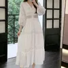 Robes décontractées Col en V Taille haute à manches longues Maxi pour femmes Qualité Mode coréenne Vêtements Dames élégantes Tissu confortable 2023