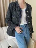 Women' Blends High Quality Women's Autumn Gold Buckle Mixed Color Woven Tweed Fragrant Jacket Outwear Casaco 230824
