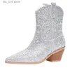 Stivali Stivali con strass per donna Stivali occidentali Scarpe eleganti da donna con tacco basso Botas De Mujer Moda Slip-on Stivali a metà polpaccio da donna T230824