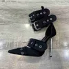 S Neue Denimpumpen Frauen schnallen draußen dünne hoch sexy Punk Sandalen Damen Speed Toe Hollow Metall Heel Stiefel t Exy Andals