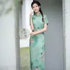 Abbigliamento etnico Elegante raso lungo con spacco alto Cheongsam Cinese classico da donna Verde stampa floreale Qipao Manica corta Festa serale sexy