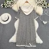 Casual Dresses Summer French Style Dress Loose Fit Shawl Design Medium Length Side Split Hooded Stripe Knitted A-Line Vestidos