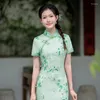 Etniska kläder kinesiska traditionella gröna blommiga tryckdräkter sexiga hög split cheongsam kvinnor bodycon klänning vestidos