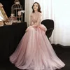 Roupas étnicas Mulheres Rosa Beading Long A-Line Tulle Prom Dress Sexy Party Tube Top Vestidos de Noite