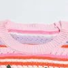 Kvinnors tröjor avtagbar ärm tröja kvinnor randig rosa pullover 2023 rund hals söt 3d jordgubb broderi smala stickade toppar