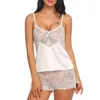 Mulheres sleepwear mulheres sexy renda profunda decote em v lingerie sem mangas pijamas cor sólida de duas peças tops shorts conjunto senhoras nightwear