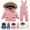 Casaco para baixo da criança inverno criança meninas e meninos cor sólida snowsuit calças de neve e jaquetas roupas casaco l231128