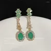 Backs Earrings Trendy Female Long Green Clip Yellow Gold Color For Women Luxury Zircon Stone Wedding Jewelry