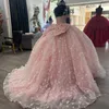 Pink Shiny Spaghetti Strap Princess Quinceanera Dresses 2024 Pärlor Crystal Bow Sweet Lace-Up 16 Dress Vestido de 15 Anos