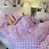 Set di biancheria da letto Set copripiumino a scacchiera nordico rosa nero con federa Lenzuolo Set di biancheria da letto per ragazze per bambini King Queen Twin Kawaii 230825