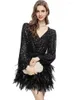 Casual Dresses QQ8037 Heavy Industry Sequin Feathers Patchwork Lantern Long Sleeves Rose Red Croped Dress European och American Autumn