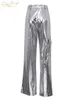 Женские брюки Capris Clacive Fashion Silver Women's Pants 2023 Элегантная высокая талия в полной длине грузовые штаны Женская уличная одежда прямая корзина T230825