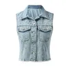 Damesvesten Dames denim vestjack Straat bezaaid met zakken met kralenrand Mouwloos bovenkleding L5