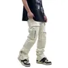 Pantalons pour hommes Hip Hop Vibe Pantalon Cargo fonctionnel lourd pour hommes Rivets à la mode fermeture éclair fendu ajuster Micro Flare blanc vêtements masculins 230826