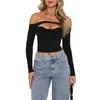 Dames T-shirts Y2k Off-shoulder Top Jaren 2000 Esthetische Dames Effen Kleur Lange mouw Knoop Ruches Shirt Grungekleding Basic T-shirts Street chic