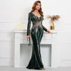 Urban Sexy Dresses Yidingzs Stretch Green Sequin Maxi Dress Full Sleeve V Neck Mermaid Evening Night Long Party 230823