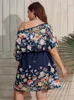 Plus size vestidos finjani feminino floral impressão batwing manga vestido com cinto 2023 moda verão
