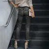 Kvinnors jeans Kvinnor Öppna fronten Slim Fiting Street Clothing Casual High Maist Black Tight Vintage Fashionable Stretch Women's Pants T230826