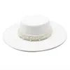 Wide Brim Hats Bucket spring autumn Women's cap hats Bowler round fedoras wide brim Pearl with chain headgear chapel beach Wedding picture elegant 230825