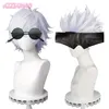 Perruques de cosplay Anime Jujutsu Kaisen Gojo Satoru Cosplay perruque argent court moelleux couches résistant à la chaleur perruques de cheveux synthétiques lunettes de cache-œil 230826