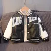 Jackor Baby Boys Letter Print Baseball Coat Stripes Collar 2023 Spring Faux Leather Moto for Children Racing Biker FY11073 230825