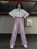 Women's Pants Capris Clacive Fashion Silver Shiny Women's Pants 2023 Elegant High Waist Full Length Freight Pants Street Loose Lace Pants T230825