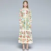 Basic Casual Dresses 2023 Autumn Runway Maxi Dres's Long Sleeve Stand Gorgeous Flower Print Dress Female Buttons up Sashes Holidays 230825