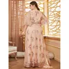 Plus Size Kleider V-Ausschnitt Pailletten Luxus Blume Loses Kleid 2023Big Apricot Party Bankett Festival Mesh bestickt Damen