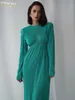 Robes décontractées de base Clacive Fashion O-cou vert bureau robe pour femme 2022 élégante robe mi-longue plissée à manches longues décontractée Ultra mince robe pour femme noire T230825