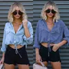 Frauen T-Shirt weich und locker lässig Denim Hemd Blau sexy gebürstete Taille Crop Top Keine Druckqualität Solid Street Clothing Mode Frauenknopf Jacke Spri T230826