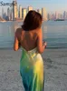 기본 캐주얼 드레스 삼키기 새틴 프린트 섹시한 맥시 바디콘 해변 드레스 여름 여자 염료 넥타이 백리스 우아한 파티 홀리데이 의상 230825