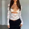 Women's T-Shirt hirigin Sexy Club Party Low Cut T Shirt Vintage Floral Lace Sheer Crop Tops 2 Piece Set Matching Bralette Women Long Sleeve Tee T230826