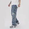 Calças de brim dos homens y2k streetwear buraco rasgado calças de carga baggy homens moda reta azul lavado vintage denim calças ropa hombre 230825