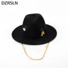 Wide Brim Hats Bucket Winter Autumn Fedora Pearl Chain Elegant Lady Vintage Warm For Women Party Church Wedding Panama Felt Jazz 230825