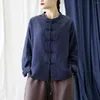 Blouses Femmes Johnature Femmes Style Chinois Chemises Bleu Marine Et Tops Stand Manches Longues Automne 2023 Bouton Vintage