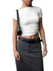 Women's T Shirts Womens Basic Short Sleeve Slim Fitted Off The Shoulder Cute Crop Tops Asymmetrical Ruched Seamless Cropped