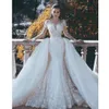 Arabski rozmiar Plus Sheer Seck Długie rękawy Suknia ślubna syrenka Aplikacje koronkowe Odłączane oszałamiające suknie ślubne ASO EBI