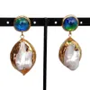 Charm Yygem 24x32mm White Shell 15mm Blue Murano Glass Gold Plated Stud Dangle örhängen för festsmycken 230825