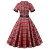 Party Dresses 1950s 60s Retro Hepburn Women's Standing Neck Single Breasted Short Sleeve Checkered Belt Large Swing Dress