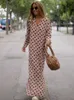 Basic Casual Jurken Losse Maxi Damesjurk Geometrische Print Zijsplit 2023 Zomer V-hals Damesjurk Casual Lange mouwen Losvallend Modieus Gewaad T230825