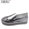 Dress Crystals Toe Round Leather Flats Dames Sier Bling Loafers Paar platformschoenen Vrouw Flat met studenten Maat 43