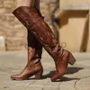 Laarzen Cowboylaarzen Voor Dames Mode Bruine Laarzen Knie Hoge Hakken Borduur Sexy Warm Winter Zip Femme Handgemaakte Schoenen Maat 43 230825