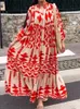 Grundlegende Casual Dresse Vintage Print Maxi Kleider 2023 Sommer VNeck Langarm Plissee Weibliche Boho Strand Hemd Kleid Robe 230825