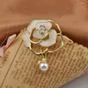 Brooches Female Fashion Pearl Camellia For Women Luxury Gold Color Alloy Flower Brooch Safety Pins