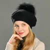 Berets Autumn Winter Hat Women Casual Knitted Wool Beret with Real Raccoon Fur Pom Ladies Angola Cashmere Female 230825