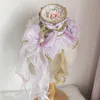 Largo Brim Chapéus Balde 4 Cores Lolita Redondo Ruffled Lace Bow Pearl Pingente Chapéu Vintage Fio Royal Anime Cosplay Cap Soft Tea Party Bonnet Hair Clip 230825