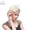 Breite Krempe Hüte Eimer WELROG Mode Mesh Fascinator Hut Frauen Hochzeit Cocktail Tee Party Feste Blume Feder Fascinator Kopfbedeckung Haarspange 230825